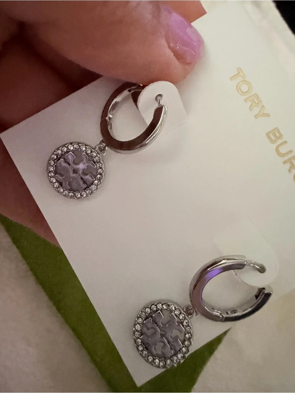 Tory Burch Silver Tone Crystal Paved Dangling Huggies Earrings